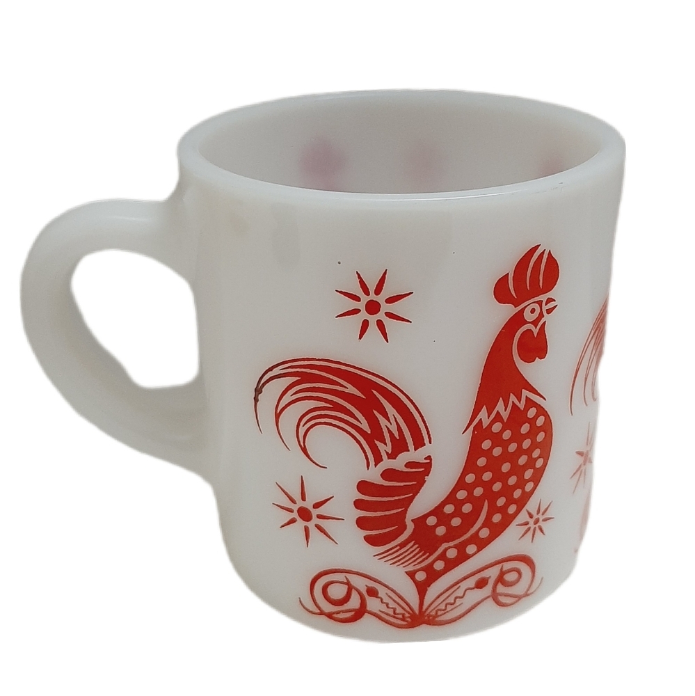 🍒 Vintage Hazel Atlas 50's Rooster Farmhouse White Milk w/ Red Glass Cup Mug